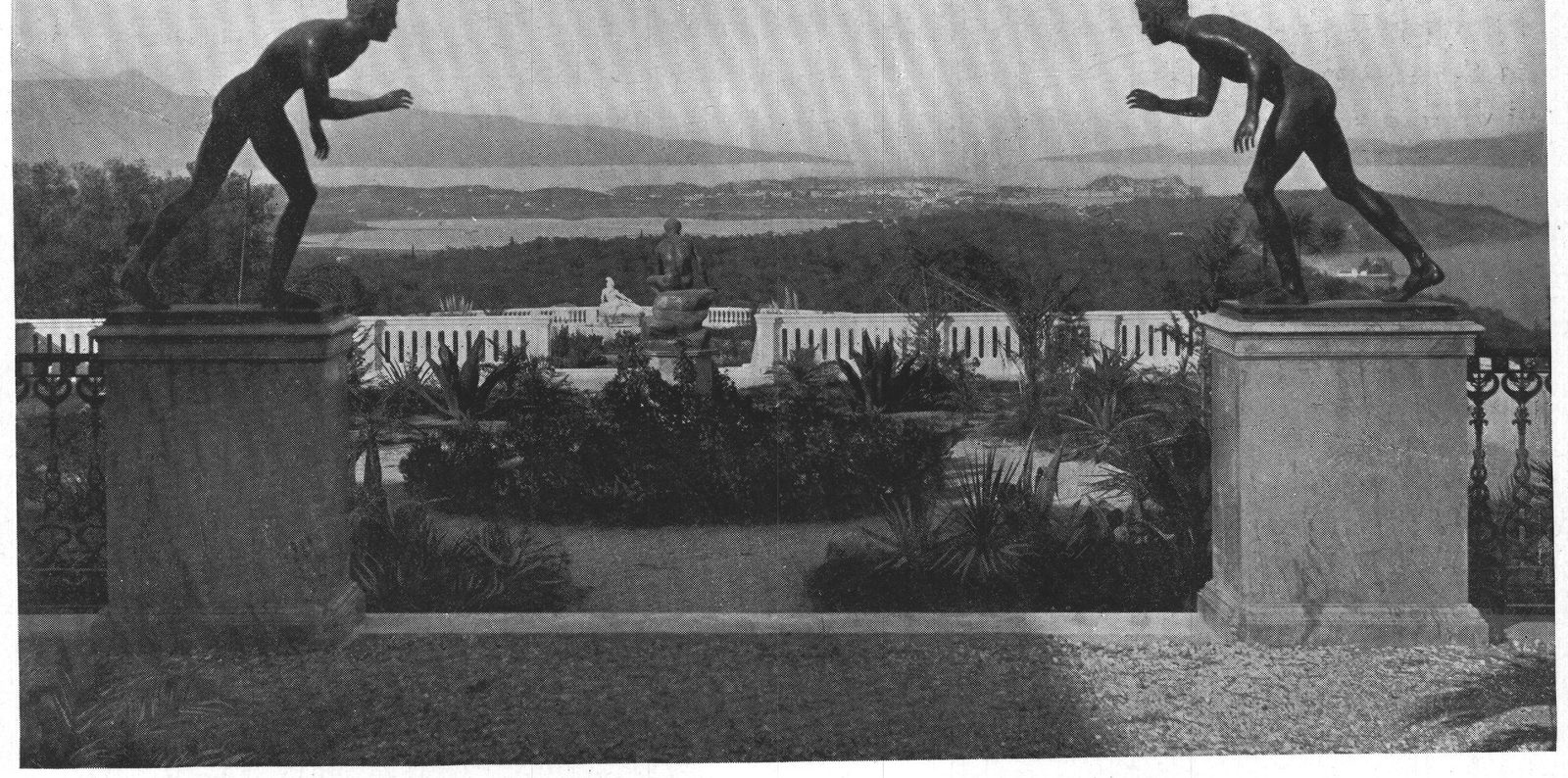 Looking Northward from the First Terrace. Taken when the gardens were young; the City of Corfu in the distance