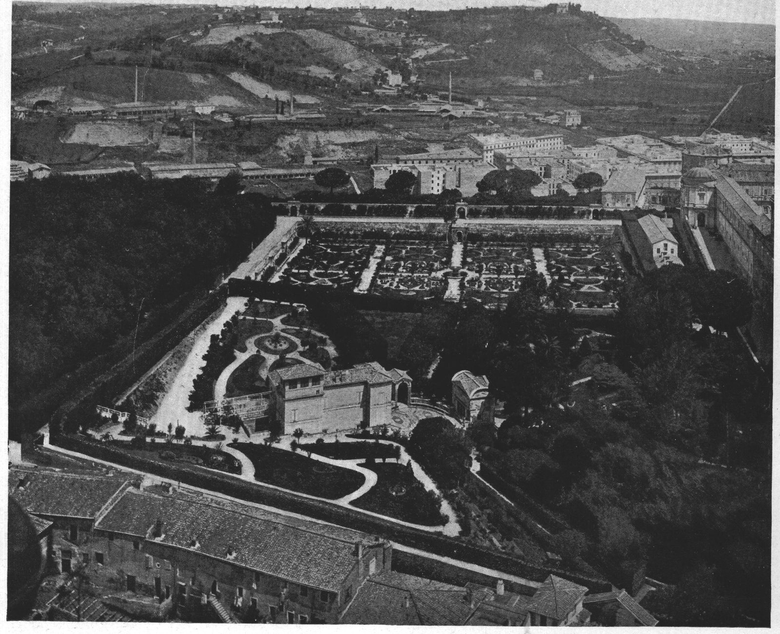 The Villa Pia or Casino of the Pope — Situated in the Gardens of the Vatican at Rome. Begun by Pope Paul IV. and finished in 1560 during the term of his successor, Pius IV. The architect was Pirro Ligorio. His original plans provided an open hall attached to the side of a water basin. Behind this was an oval open court leading to another open hall to which were attached the principal buildings of the villa. Among these is a tower having a loggia whence a fine view can be enjoyed of the gardens, the city and the river Tiber. The sculptures and ornaments are the work of the following artists: Federigo Zuccheri, Federigo Barocci, Santi di Tito, Leonardo Cugni, Durante del Nero, Giovanni del Corso, Schiavone and Orazio Sammacchini. The fountains of the inner court and of the loggia were designed by Giovanni Vasanzio. Lanciani considers this villa with its grounds not unlike the smaller Roman villas and gardens of antiquity.