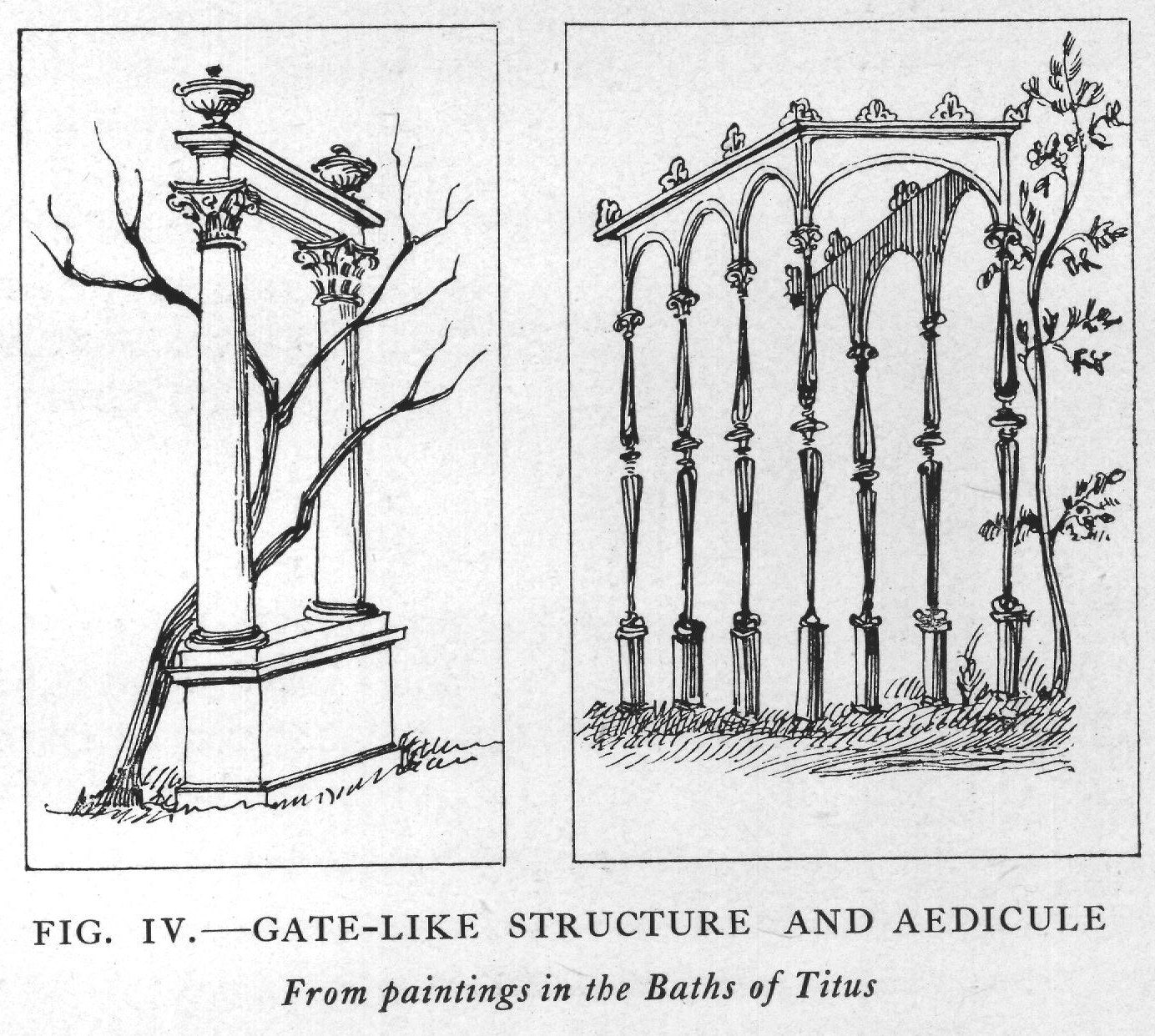 Fig. IV — Gate-like Structure and Aedicule — From paintings in the Baths of Titus