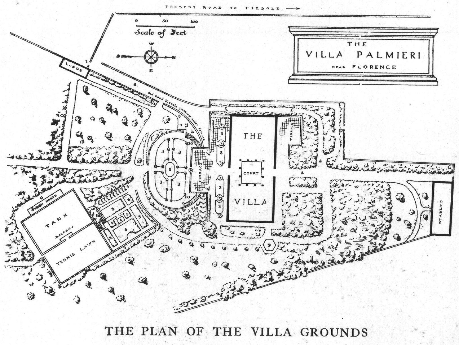 The Plan of the Villa Grounds — 1. Entrance Gate; 2. Drives; 3. Flowers; 4. The Spring; 5. Arbors; 6. The Greenhouse; 7. Palm Trees; 8. Fountains; 9. The Chapel; 10. Mule Steps