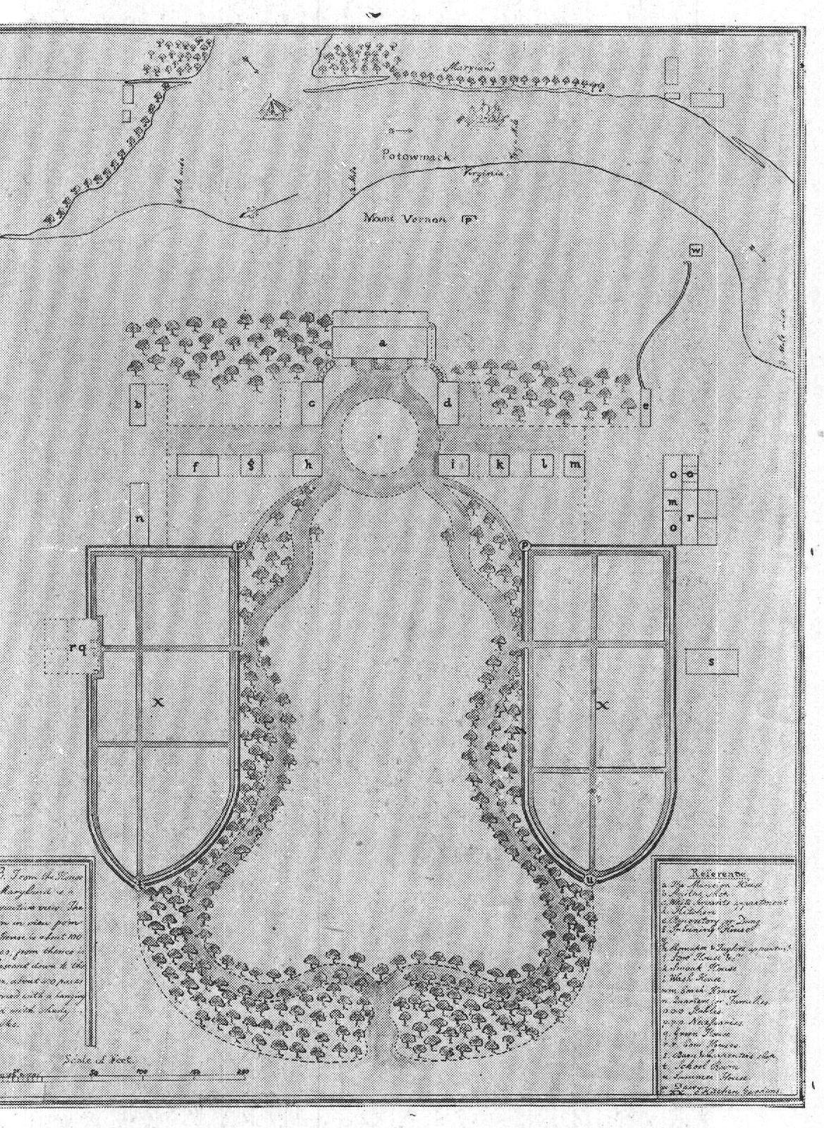 Washington's Plan of Mt. Vernon — a. The Mansion House; b. Smith's Shop; c. White Servants' Apartment; d. Kitchen; e. Repository for Dung; f. Spinning House; g. Shoemaker's and Tailor's Apartment; h. Storehouse, etc.; k. Smoke-house; l. Wash-house; mm. Coach Houses; n. Quarters for Families; oo. Stables; ppp. Necessaries; q. Greenhouse; rr. Cow Houses; s. Barn and Carpenter's Shop; t. Schoolroom; u. Summer-house; w. Dairy; xx. Kitchen Gardens
